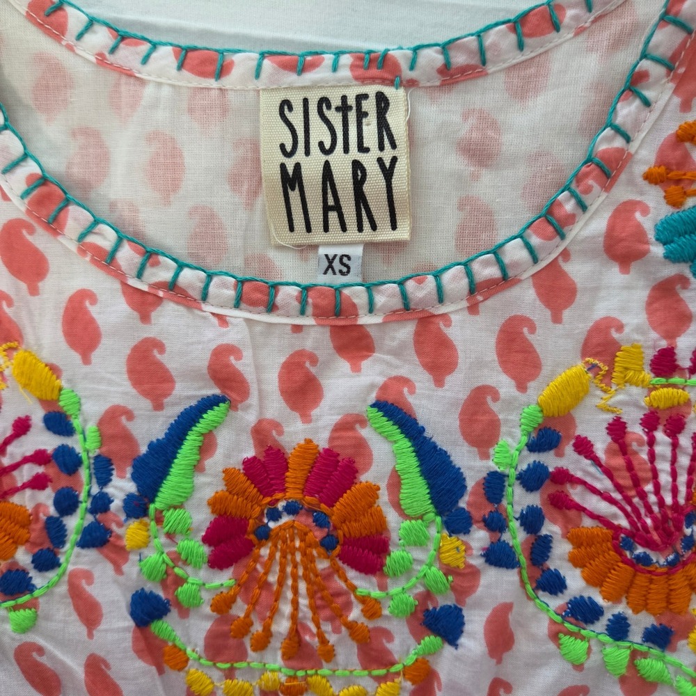 Sister Mary Top Womens XS Pink Embroidered Paisley Boho Babydoll Coastal Cottage - Picture 4 of 12